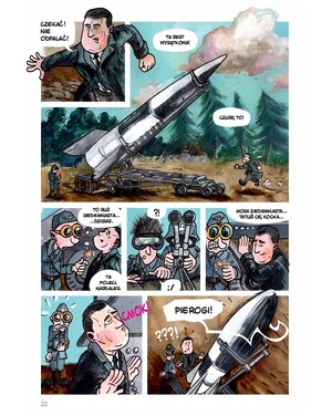 Strona z komiksu „Aga, Adam i Hamlet na tropie tajemnic. Zeszyt 1. Tajemnica podlaskiej rakiety V-2”